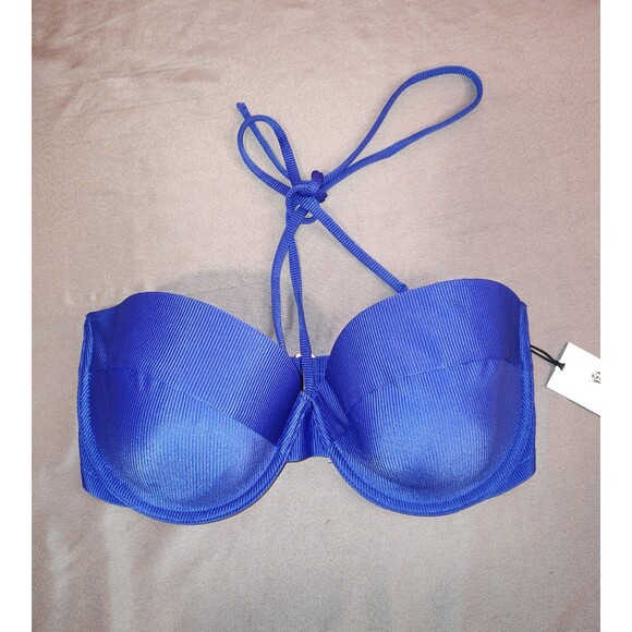 Women's Shade and Shore Lightly Lined Ribbed Halter Bikini Top Blue 36DD - Picture 3 of 6